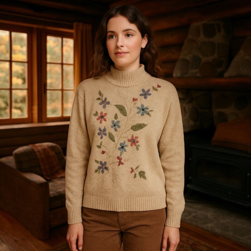 Vtg Y2K Alfred Dunner Floral Embroidered Sweater L Tan Mock Neck Knit Sweater